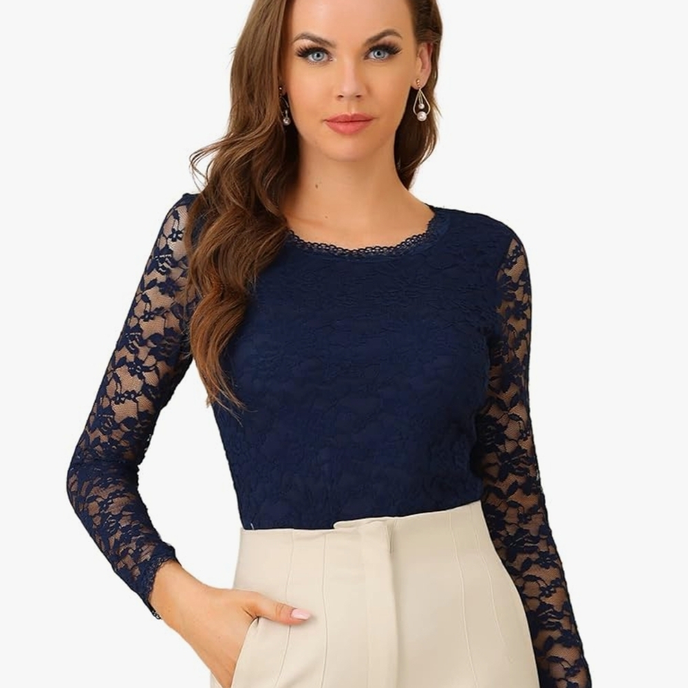 Allegra K Blue Long Sleeve Lace Blouse
